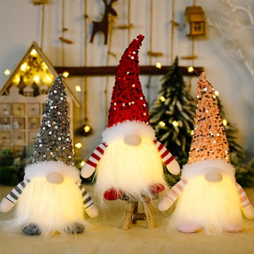 NSXIN Weihnachten Deko Wichtel Figuren, Leuchtende Weihnachtswichtel Weihnachtsdeko mit Beleuchtung, Weihnachtsdorf LED Santa Zwerg Geschenke für Familie Freunde (Stil C/3 Stück Pailletten) von NSXIN