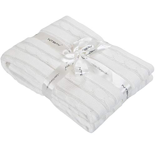 NTBAY Baumwolle Babydecke, Weiche und Kuschelige Mehrfarbige Strickdecke für Jungen und Mädchen, 76x102 cm, Weiß von NTBAY