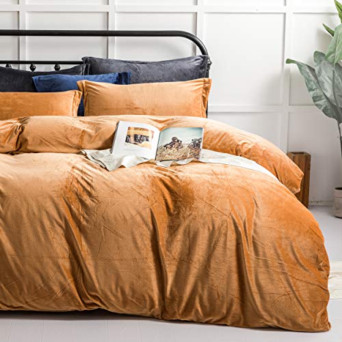 NTBAY 3-teiliges Samt-Flanell-Bettwäsche-Set, für Doppelbett, superweich, Marineblau, einfarbig, mit Reißverschluss, Bettdeckenbezug mit Bindebändern und 2 Oxford-Kissenbezügen (Doppelbett, Kamel) von NTBAY