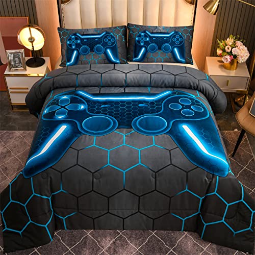 NTBED Game Console Comforter Set for Boys Girls Kids 3D Gaming Geometric Lightweight Microfiber Bedding Sets (Blue, Queen) von NTBED