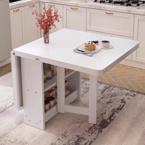 NTDMSFWM Klappbarer Esstisch for kleine Räume – Robuster Klapptisch aus Massivholz, ausziehbarer Küchentisch mit Ablagefläche, passend for Esszimmer und Büro(White,140x80cm) von NTDMSFWM