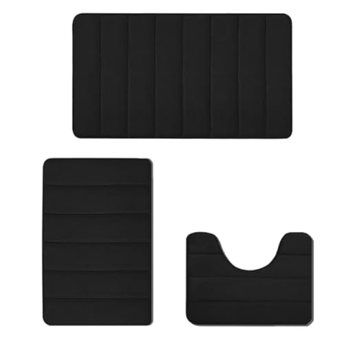 NTDMSFWM Memory-Schaum-Badematten-Set, rutschfestes Badteppich-Set, 3-teiliges Badezimmerteppich-Set, 3-teiliger moderner Badezimmerteppich for Dusche, Badewanne, Schlafzimmer(Color:Black) von NTDMSFWM