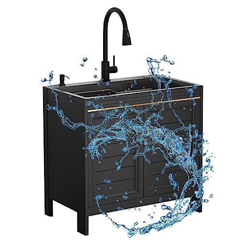 Küchenschrank mit Spüle Freistehendes Catering-Gewerbespülbecken mit ausziehbarem Wasserhahn Einzelwaschbecken aus Edelstahl Waschküchenspüle mit Schrank für Außen- und Innenrestaurants (Grö von NTEBGHGAA
