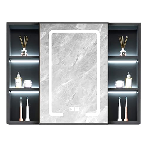 NTEBGHGAA Intelligenter Badezimmerspiegelschrank mit LED-Licht, Antibeschlagfunktion und offenen Aufbewahrungsfächern, Grau, 85 x. von NTEBGHGAA
