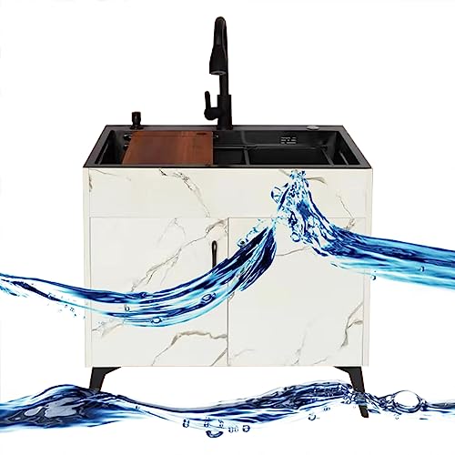 NTEBGHGAA Küchenspüle, weiße Spüle, Einzelbecken, freistehendes Spülbecken mit Abtropffläche und Wasserhahn für heißes und kaltes Wasser mit Ablageflächen für den Innen- und Außenbereich, Waschküche, von NTEBGHGAA