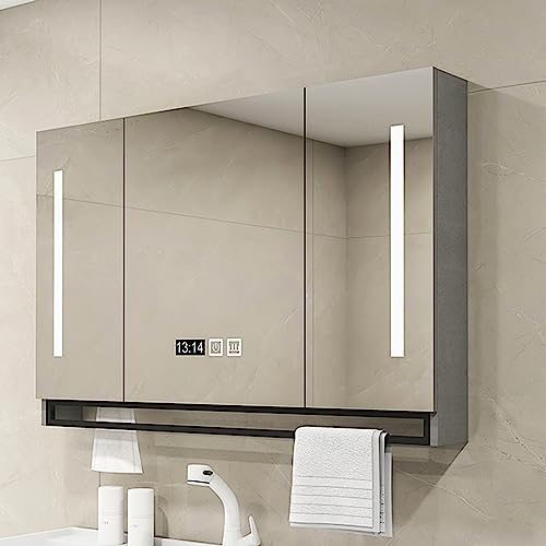NTEBGHGAA Moderner Grauer Badezimmer-Spiegelschrank mit 3 Spiegeltüren, Wandmontage, Aufbewahrungsschrank mit LED-beleuchtetem Spiegel, Dimmerschalter und Antibeschlagfunktion, L80 x B12 x H75 cm von NTEBGHGAA