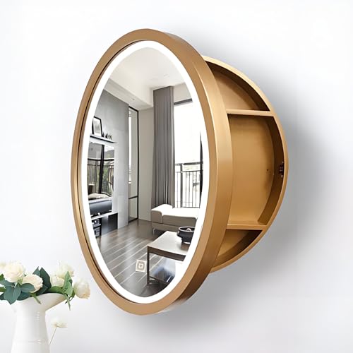 NTEBGHGAA Moderner runder LED-Badezimmerspiegelschrank mit Smart-Touch-Schalter und Nizer, Gold-Finish, 50 cm von NTEBGHGAA