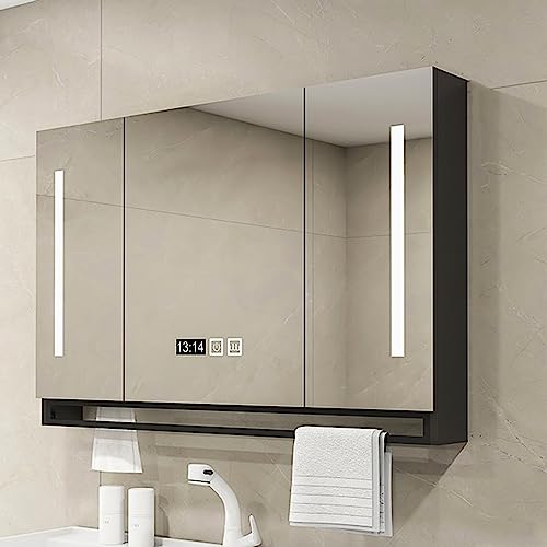 NTEBGHGAA Moderner schwarzer Badezimmerspiegelschrank mit LED-Beleuchtung und 3 Türen, Wandschrank mit dimmbarem LED-Licht, Antibeschlagschutz und Berührungssensorschalter, 80 x 12 x 75 cm von NTEBGHGAA