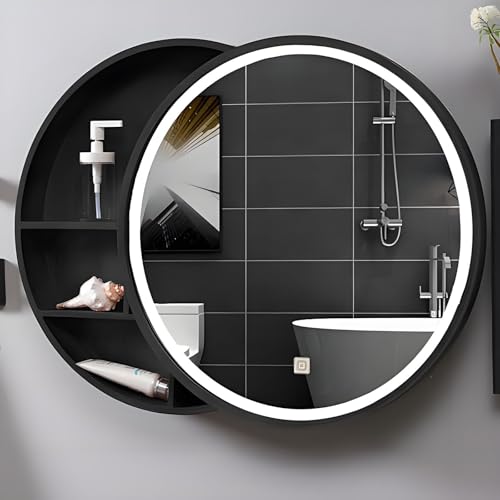 NTEBGHGAA Runder Badezimmer-Waschtisch mit LED-Beleuchtung und Smart-Touch-Schalter, schwarzer 50-cm-Badezimmerspiegelschrank mit Beleuchtung und Beleuchtung von NTEBGHGAA