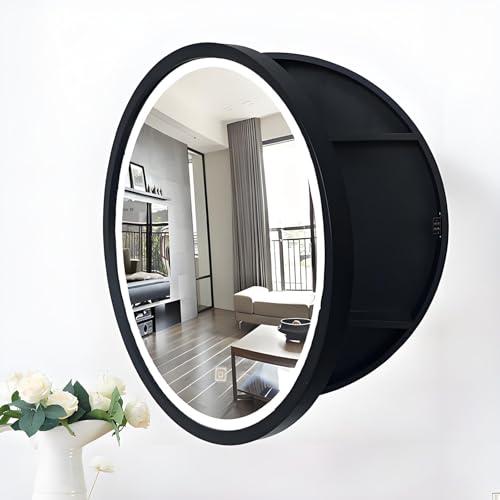 NTEBGHGAA Runder LED-Badezimmerspiegelschrank mit Smart-Touch-Schalter, Schwarz, 50 cm von NTEBGHGAA