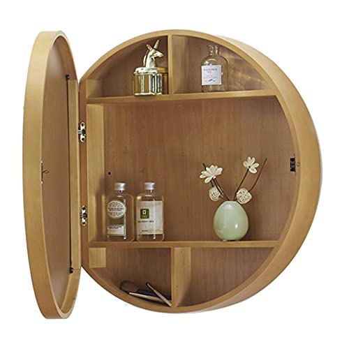NTEBGHGAA Spiegelschränke Runder Badezimmerspiegel aus Holz mit Ablagefläche Runder Schminkspiegel Spiegelschränke (Farbe: Holz, Größe: 70 cm) von NTEBGHGAA