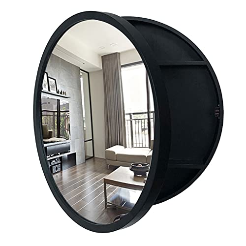 NTEBGHGAA Spiegelschränke Runder Badezimmerspiegel aus Holz mit Ablagefläche Runder Schminkspiegel Spiegelschränke (Farbe: Schwarz, Größe: 60 cm) von NTEBGHGAA