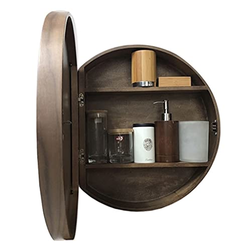 NTEBGHGAA Spiegelschränke Runder Badezimmerspiegel aus Holz mit Ablagefläche Runder Schminkspiegel Spiegelschränke (Farbe: Walnuss, Größe: 60 cm) von NTEBGHGAA