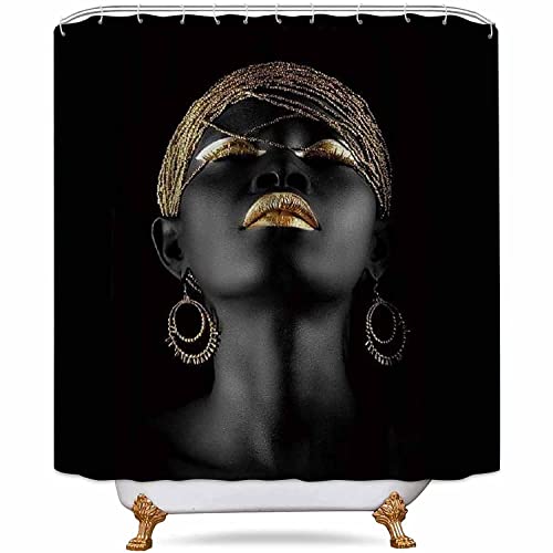 NEWTOO Afro-Mädchen-Duschvorhang, schwarzes Mädchen, goldene Lippen, Dekor-Set mit 12 Haken, 183 x 183 cm, waschbares Polyestergewebe, Badezimmerzubehör, LHNT406-72 von NTETSN