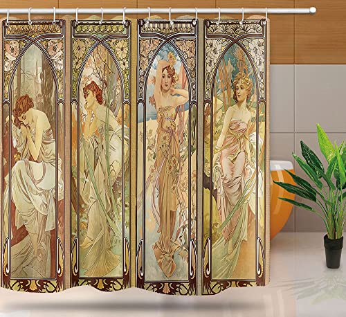 NTETSN Jugendstil Damen Duschvorhang Ästhetische Kunst Zeiten des Tages Nachtruhe Abend Reverie Daybreak Morning Awakening Stoff Duschvorhänge mit Haken YLYYNT2418 (7272) von NTETSN