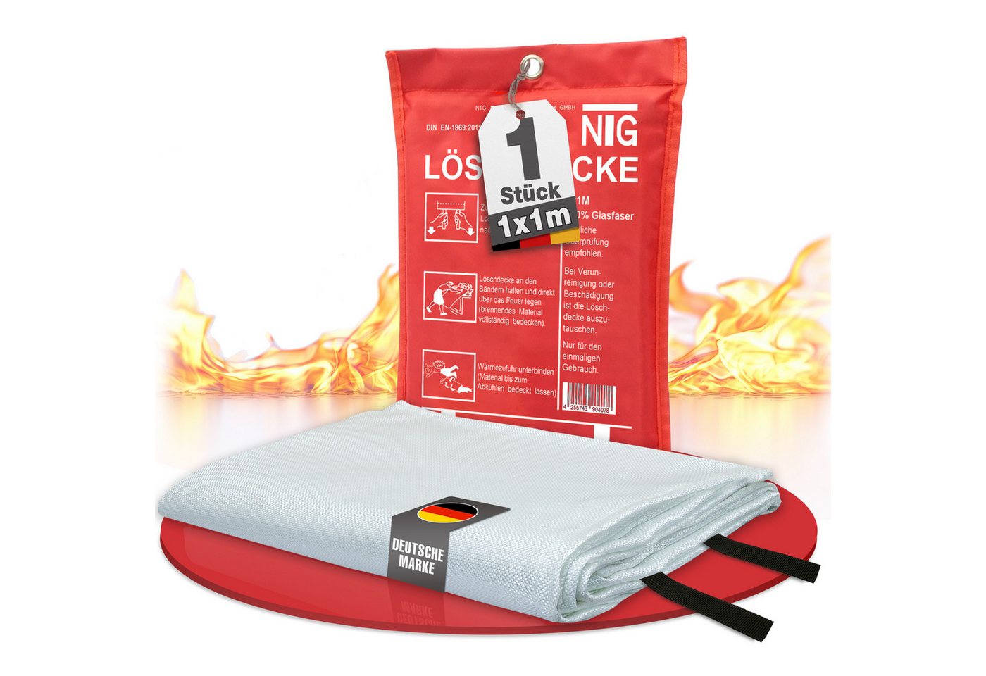NTG Nutzfahrzeug Technik GmbH Löschdecke 1m² NTG Feuerlöschdecke Fiberglas Brandschutzdecke DIN EN1869, 100x100 cm, (1-St), Brandschutzdecke 1x1m von NTG Nutzfahrzeug Technik GmbH