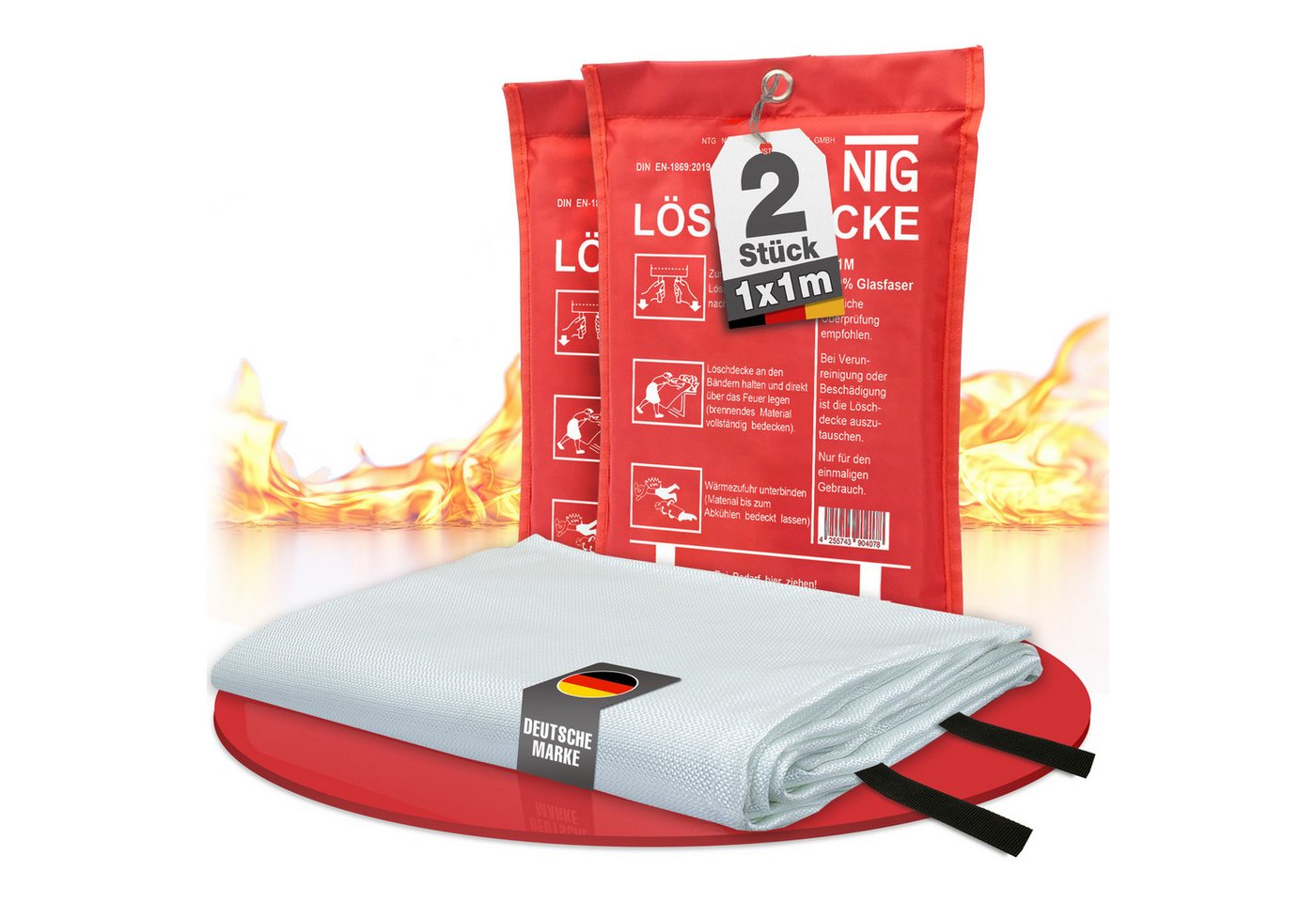 NTG Nutzfahrzeug Technik GmbH Löschdecke 1m² NTG Feuerlöschdecke Fiberglas Brandschutzdecke DIN EN1869, 100x100 cm, (2-St), Brandschutzdecke 1x1m von NTG Nutzfahrzeug Technik GmbH