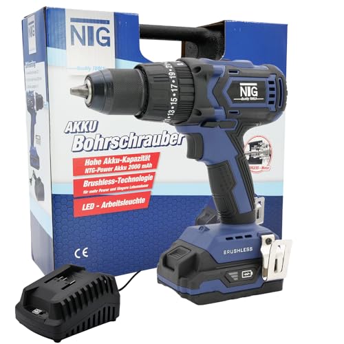 NTG Akku Brushless Schlagbohrschrauber 3 in 1 | Akkuschrauber mit Bohrfunktion und Schlagfunktion | mit LED Licht | 20V 46Nm max. 25+1+1 Drehmomentstufen von NTG