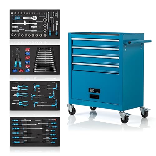 NTG PERFEKTE WERKSTATTORGANISATION Werkstattwagen Werkzeugwagen | Inkl. Werkzeug 70 TLG. | 4 Kugelgelagerte Schubladen + großes Fach | Transportsicherung | 2 Rollen mit Feststellbremse von NTG