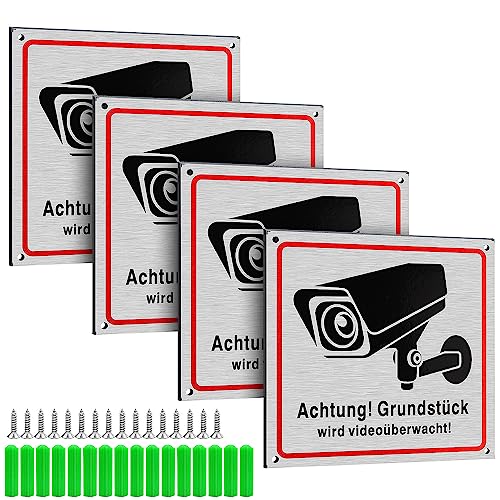 NTGRTY 4 Stück Schild Videoüberwachung Alu 15x15cm Achtung Videoüberwachung Schild Hinweisschild Videoüberwachung Schild Kameraüberwachung Warnschild Kamera Überwachung mit Schrauben von NTGRTY