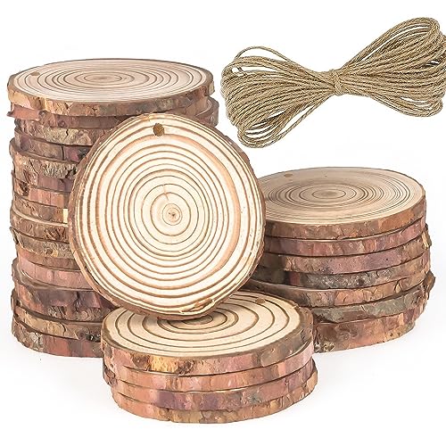 NTGRTY Holzscheiben 30 Stück Holz Log Scheiben 5-6cm Durchmesser mit Loch und Nnatürliche Jute Seil,Natürliche Runde Holzscheiben zum Basteln für DIY, Basteln, Hochzeit, Weihnachten Dekoration von NTGRTY