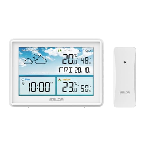 BALDR Wetterstation Innen und Außentemperatur Funk mit Wettervorhersage – Thermometer Innen und Außentemperatur Funk mit Wettervorhersage - Hygrometer Feuchtigkeit Digital mit Außensensor - Weiß von NTN