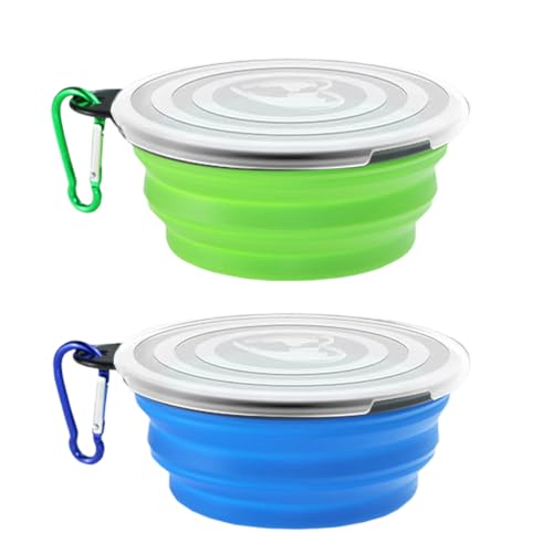 2 Stück Hundenapf Faltbar, Haustier Reisenapf mit Deckel und Haken, Tragbare Silikon Fressnapf, Hundeschüssel für Reise Spaziergänge Zwinger Camping Hundenapf Faltbar(350ML, Blau und Grün) (A) von NTRUXZP