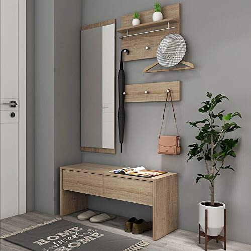 Natsen Garderobenset 4tlg. Flurgarderobe Wandgarderobe, Komplettgarderobe-Set Flurmöbel Dielengarderobe, inkl.1xSpiegel, 2xGarderobenpanel, 1xBank, Holz von NTS