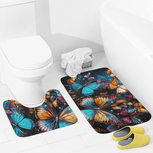 Badezimmerteppich-Set, 2-teilig, bunte Schmetterlinge, die auf schwarzem Hintergrund herumfliegen, saugfähige Mikrofaser-Badteppiche und U-förmige Konturen, WC-Vorleger, rutschfeste Badematten, von NTVOWPZO