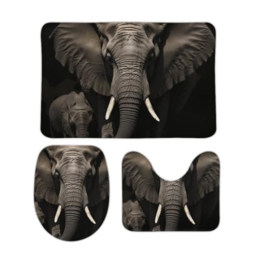 Badezimmerteppich-Set, 3-teilig, super saugfähig, Elefant, schwarzer Badteppich, Konturmatte und WC-Deckelbezug, waschbar, rutschfest, Badematten für Badezimmer von NTVOWPZO