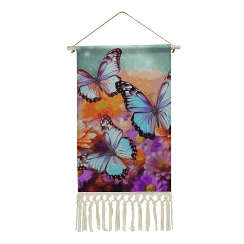 NTVOWPZO Hängendes Poster, vertikaler Wandbehang, Blumen, bunter Schmetterling, Wandteppich mit Quaste, personalisiertes Wandkunst-Poster, Schnörkelholz, dekorative Wandkunst für Zuhause, Wohnzimmer NTVOWPZO Hängendes Poster, vertikaler Wandbehang, Blumen, bunter Schmetterling, Wandteppich mit Quaste, personalisiertes Wandkunst-Poster, Schnörkelholz, dekorative Wandkunst für Zuhause, Wohnzimmer von NTVOWPZO