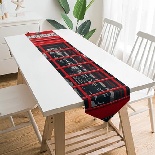 Tischläufer für Heimdekoration, rote Telefonzelle, Londoner Straße, Tischläufer mit Quasten, langer Tischläufer, Bauernhaus-Tischläufer für Esstisch, Hochzeit, Party, Kommode, Dekoration von NTVOWPZO