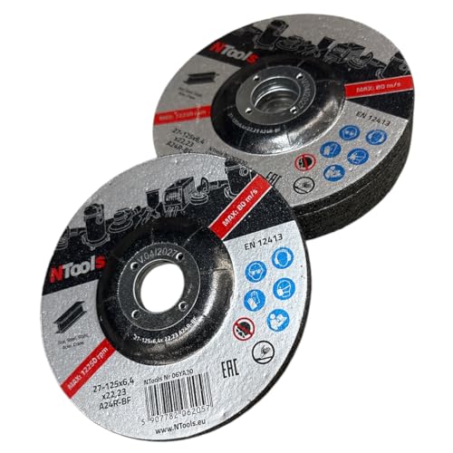 NTools SDSS – Schleifbockscheibe 125 x 6,4 x 22,23 mm zum Schleifen von Stahl | Schleifscheiben für handgeführte Winkelschleifer | FEPA-Form 27 (abgesenkte Mitte), 6,4 mm dick | 5 Stück von NTools