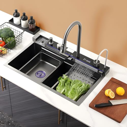 Kitchen Sink Küchenspüle 304 Edelstahl Spüle Küche Multifunktions Raindance Wasserfall Küchenspülen mit Ausziehbarer Wasserhahn Glasspüler Schneidebrett Drainage-Komponenten (80x45x22cm) von NUACOS