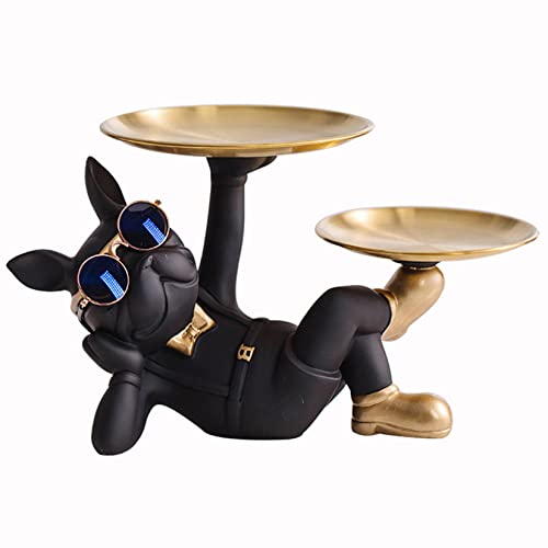 NUACOS Coole Bulldogge Skulptur FranzöSisch Statue, Multifunktion SchlüSsel Schale,BehäLter, Obstschale,SchlüSselbonbons Organizer Tischdekoration Mit 2 Edelstahl Tablett(Schwarz) von NUACOS