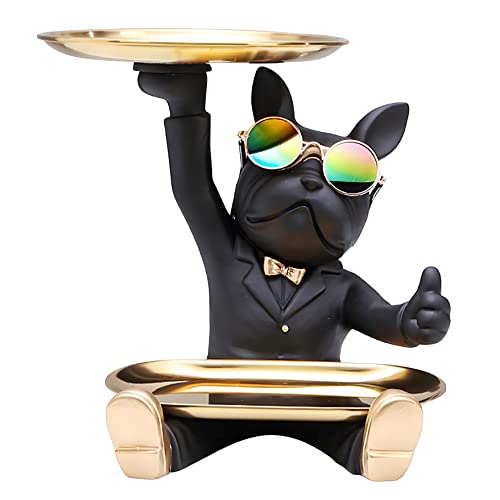 NUACOS Coole Bulldogge Statue Harz Skulptur, FranzöSisch Statuen Schreibtisch Lagerung SchlüSsel Snack Halter Mit Edelstahl Tablett, Tischschmuck Home Dekoration（Schwarz） von NUACOS