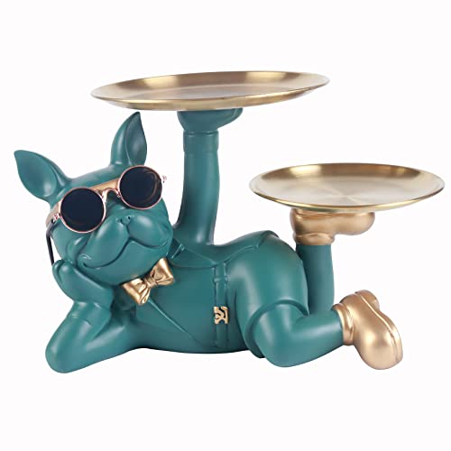 NUACOS FranzöSische Bulldogge Figur Coole Bulldog Skulptur Mit 2 Tablett Edelstahl,SchlüSsel Snack Halter,Home Desktop Ornament, Geschenkgeschenk FüR Hundeliebhaber (GrüN) von NUACOS