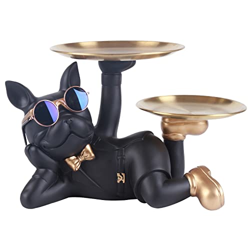 NUACOS FranzöSische Bulldogge Figur Coole Bulldog Skulptur Mit 2 Tablett Edelstahl,SchlüSsel Snack Halter,Home Desktop Ornament, Geschenkgeschenk FüR Hundeliebhaber (Schwarz) von NUACOS