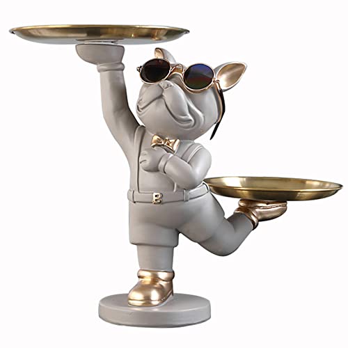 NUACOS Französische Bulldogge Figur Kunstharz Skulpturen, Schlüsselhalter Süßigkeiten Schmuck Tablett, für Heimdekoration Esstisch Dekoration, Butler Statue Mit 2 Metalltabletts (Grau) von NUACOS