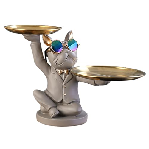 NUACOS Grau,32x25x22.5cm,FranzöSische Bulldogge Statue Figur Skulptur Deko SchlüSsel Schale Deko Tablett Table Decoration Home Deko von NUACOS