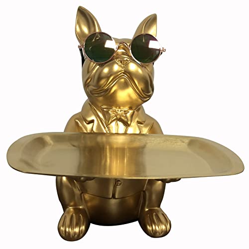 NUACOS Harz Bulldogge Tablett Statue Tier Skulptur Aufbewahrungsbank Münze Hund Französisch Tisch Zuhause Süßigkeiten für Dekorationen Wohnkultur Büro niedliche Butler Statuen(Gold) von NUACOS