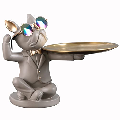 NUACOS Harz Bulldogge Tablett Statue Tierskulptur Tablett Aufbewahrung Schlüsselhalter Süßigkeiten Geeignete Schreibtischaufbewahrung für Zuhause, Wohnzimmer, Büro,Tischdekoration (braun) von NUACOS