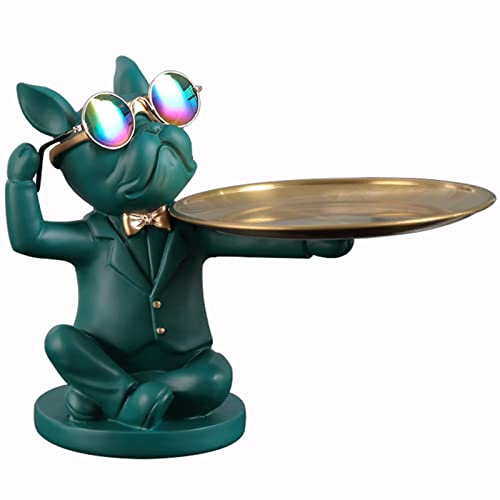 NUACOS Harz Bulldogge Tablett Statue Tierskulptur Tablett Aufbewahrung Schlüsselhalter Süßigkeiten Geeignete Schreibtischaufbewahrung für Zuhause, Wohnzimmer, Büro,Tischdekoration (grün) von NUACOS
