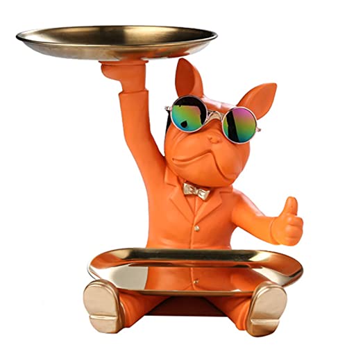 NUACOS Harz Bulldogge Tablett Statue Tierskulptur Tablett Aufbewahrung Schlüsselhalter Süßigkeiten Geeignete Schreibtischaufbewahrung für Zuhause, Wohnzimmer, Büro,Tischdekoration (orange) von NUACOS