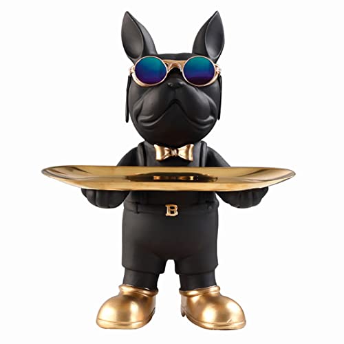 NUACOS Harz Bulldogge Tablett Statue Tierskulptur Tablett Aufbewahrung Schlüsselhalter Süßigkeiten Geeignete Schreibtischaufbewahrung für Zuhause, Wohnzimmer, Büro,Tischdekoration (schwarz) von NUACOS