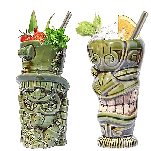 NUACOS Keramik Tiki Mug Set of 2 Tiki-Bechergläsern für Cocktails Exotische Bar Dekorationen für Hawaii Partys Barware Lustiges Kit von NUACOS
