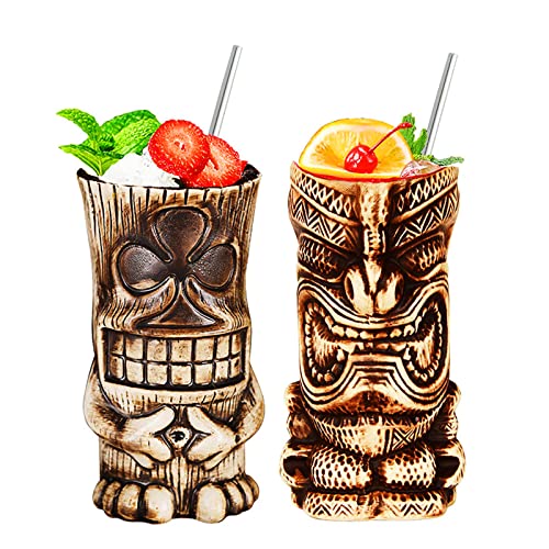 NUACOS Tiki Becher,Tiki gläser Set,Cocktail Becher,2-teiliges Cocktailgläser-Set,Tiki barzubehör,Hawaii-Party für Premium Tropische Tassen Getränke für exotische Party von NUACOS