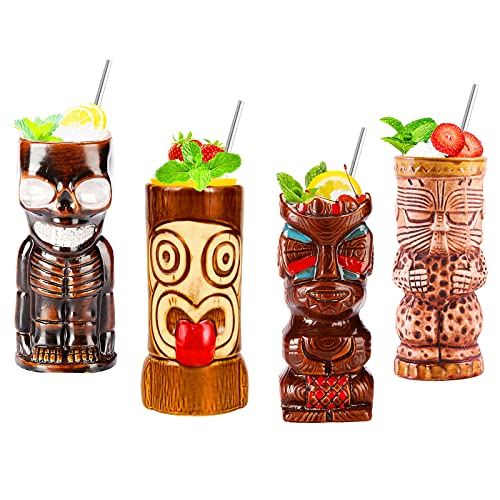 NUACOS Tiki Becher,Tiki gläser Set,Cocktail Becher,4-teiliges Cocktailgläser-Set,Tiki barzubehör,Hawaii-Party für Premium Tropische Tassen Getränke für exotische Party von NUACOS