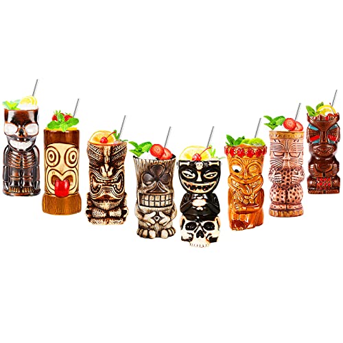 NUACOS Tiki Becher,Tiki gläser Set,Cocktail Becher,8-teiliges Cocktailgläser-Set,Tiki barzubehör,Hawaii-Party für Premium Tropische Tassen Getränke für exotische Party von NUACOS