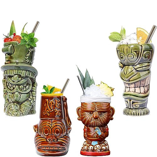 NUACOS Tiki Becher Set 4er - Tiki Bar Deko Cocktailgläser - Tiki Tassen - Hawaii Deko - Keramik Tiki Mugs für Cocktail Party Bar Zubehör Partydekoration von NUACOS